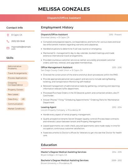 Dispatch/Office Assistant Resume