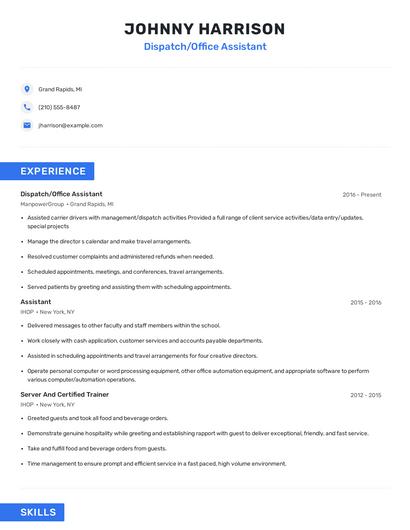 Dispatch/Office Assistant Resume