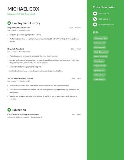 Dispatch/Office Assistant Resume