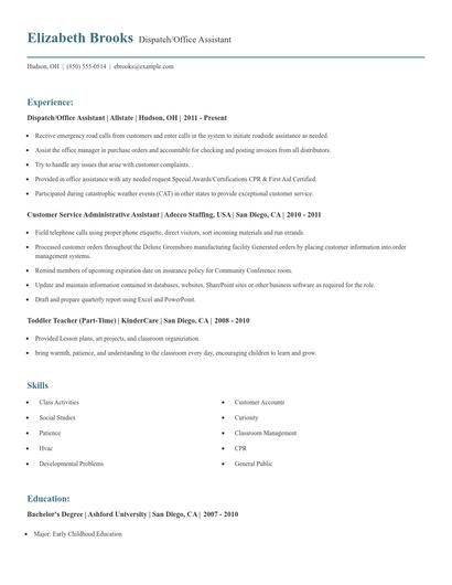Dispatch/Office Assistant Resume
