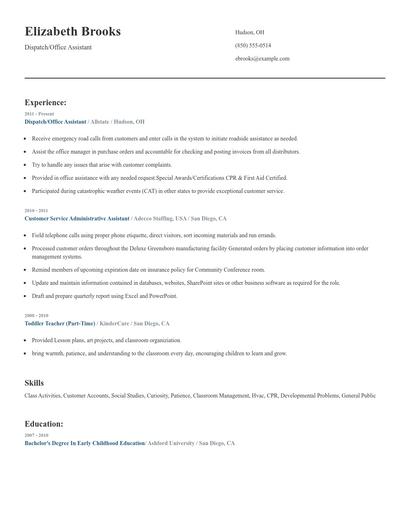 Dispatch/Office Assistant Resume