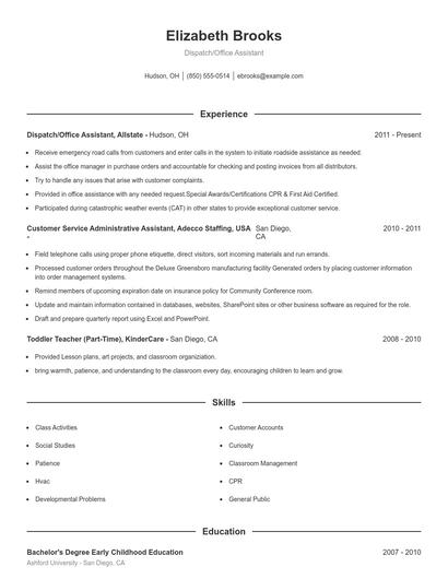 Dispatch/Office Assistant Resume