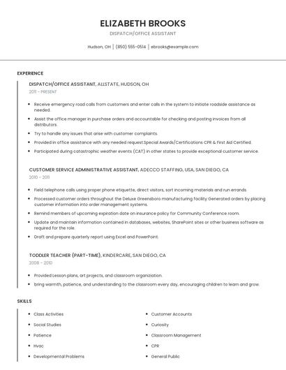 Dispatch/Office Assistant Resume