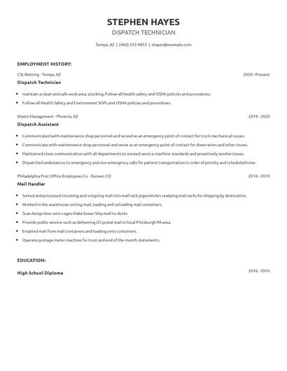 Dispatch Technician Resume