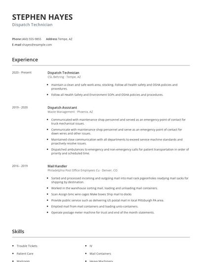 Dispatch Technician Resume