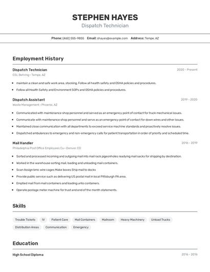 Dispatch Technician Resume