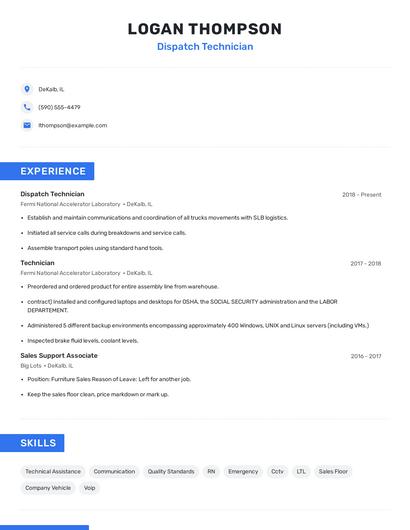 Dispatch Technician Resume