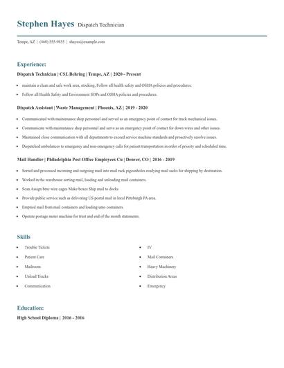Dispatch Technician Resume