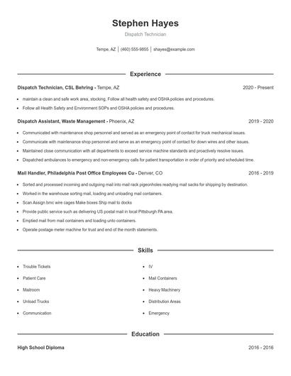 Dispatch Technician Resume
