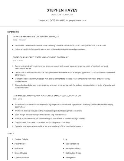 Dispatch Technician Resume