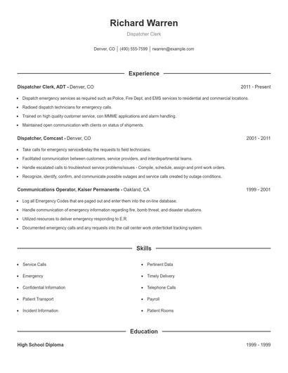 Dispatcher Clerk Resume