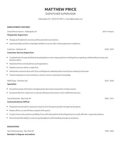Dispatcher Supervisor Resume