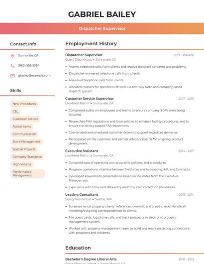 Dispatcher Supervisor Resume