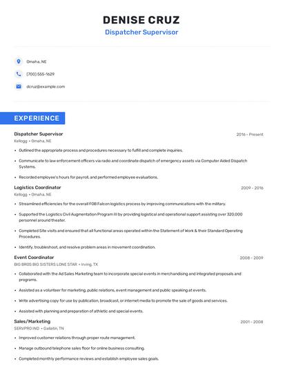 Dispatcher Supervisor Resume