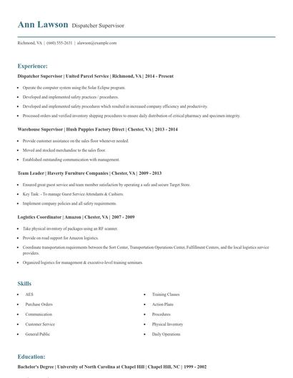 Dispatcher Supervisor Resume