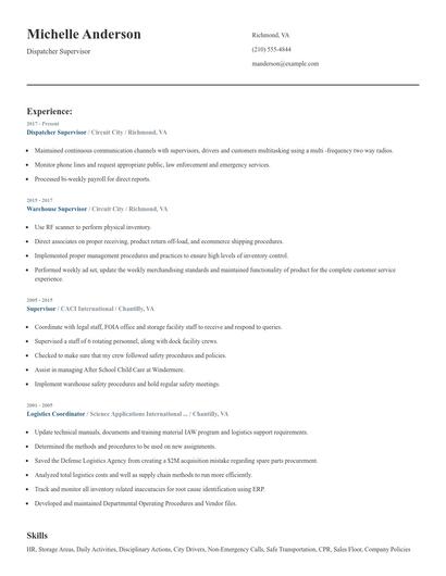 Dispatcher Supervisor Resume