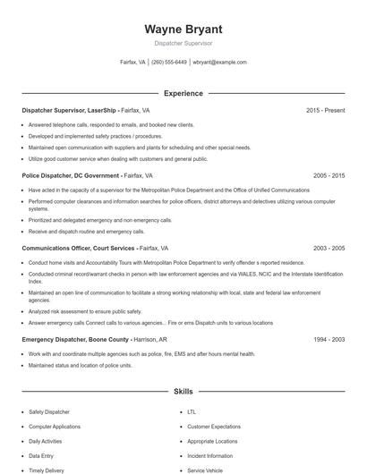 Dispatcher Supervisor Resume