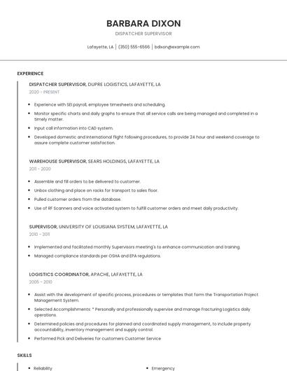 Dispatcher Supervisor Resume