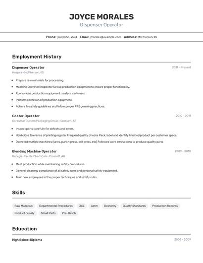 Dispenser Operator Resume