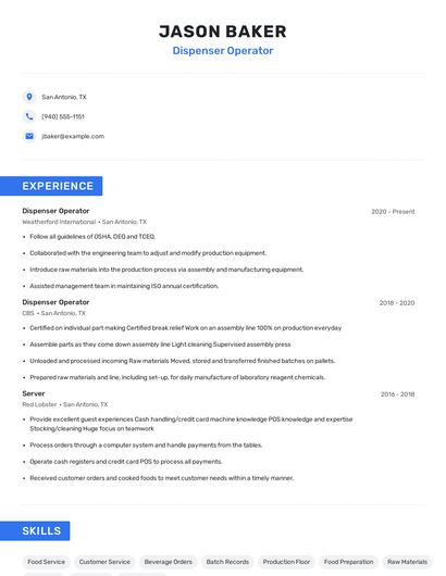 Dispenser Operator Resume