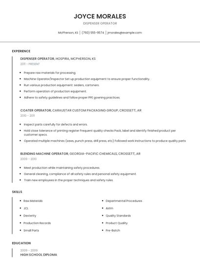 Dispenser Operator Resume