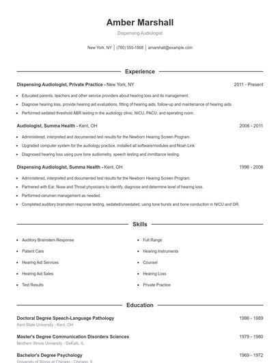 Dispensing Audiologist Resume