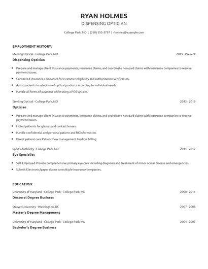 Dispensing Optician Resume