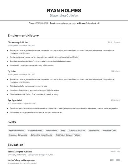 Dispensing Optician Resume