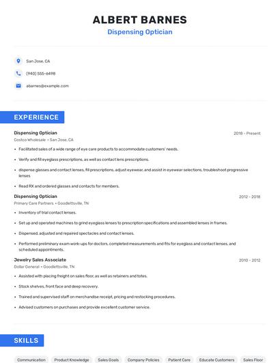 Dispensing Optician Resume