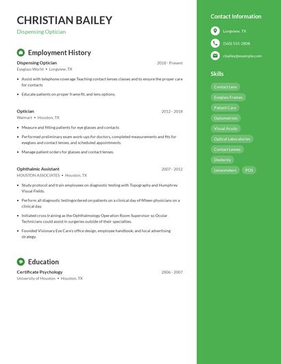 Dispensing Optician Resume