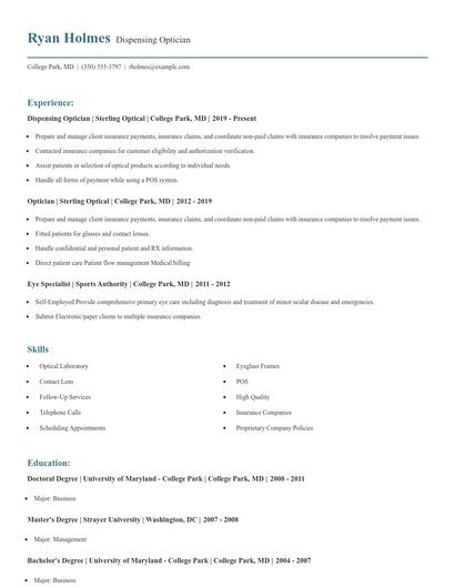Dispensing Optician Resume