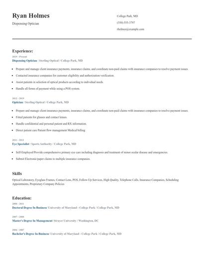 Dispensing Optician Resume