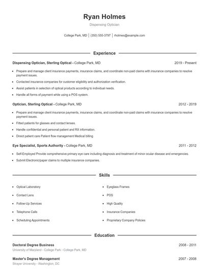 Dispensing Optician Resume