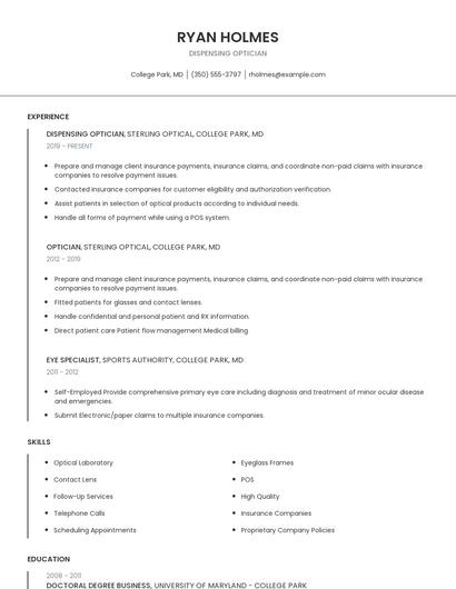 Dispensing Optician Resume