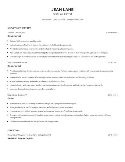 Display Artist Resume