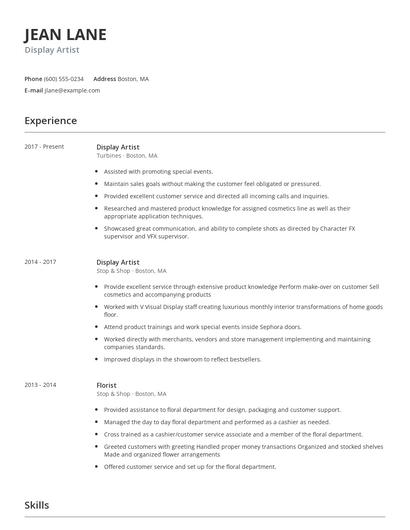 Display Artist Resume