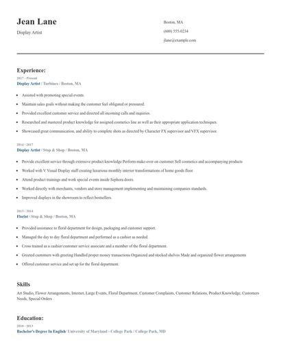 Display Artist Resume