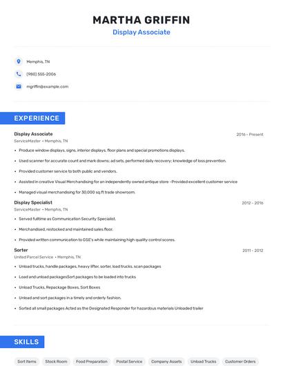 Display Associate Resume