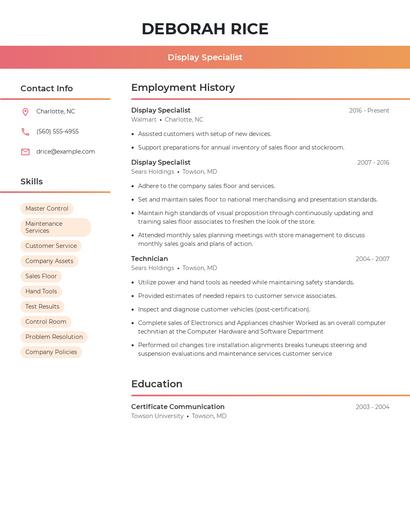 Display Specialist Resume