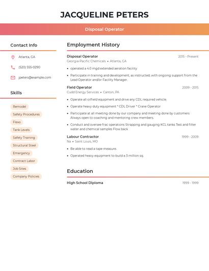 Disposal Operator Resume