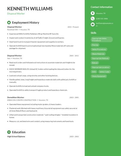 Disposal Worker Resume