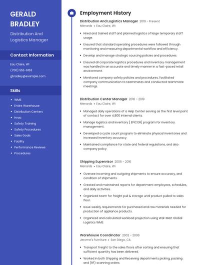 Distribution And Logistics Manager Resume