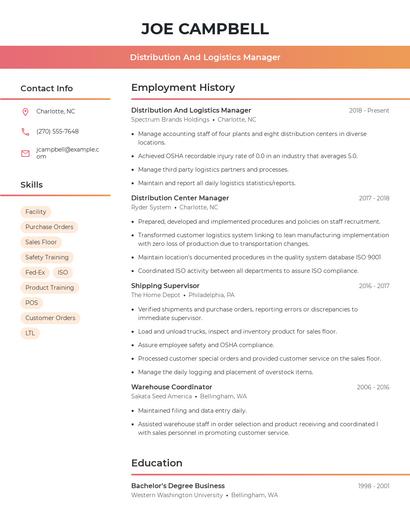 Distribution And Logistics Manager Resume