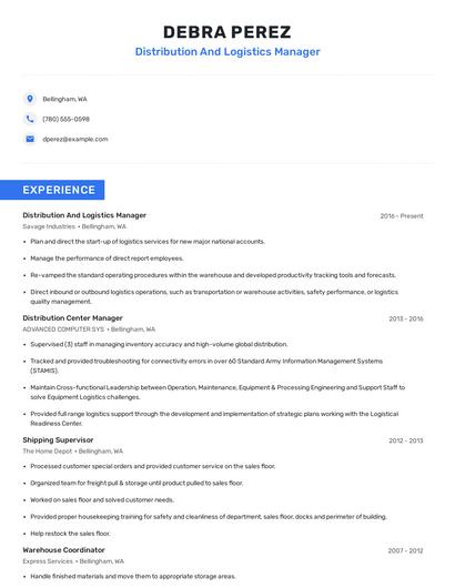 Distribution And Logistics Manager Resume