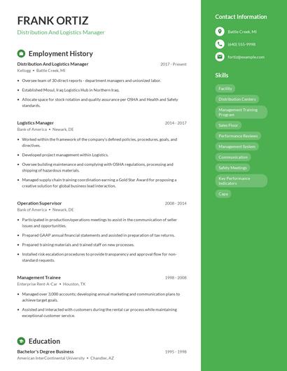 Distribution And Logistics Manager Resume