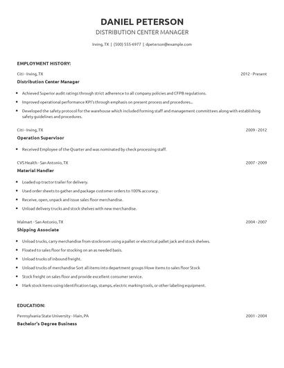 Distribution Center Manager Resume