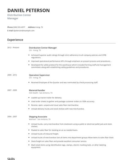 Distribution Center Manager Resume