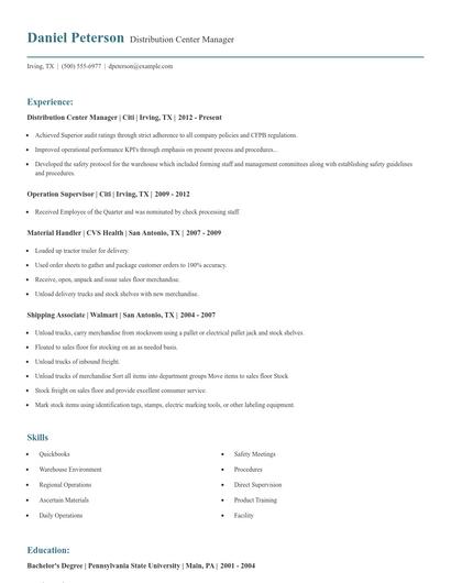 Distribution Center Manager Resume