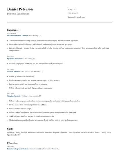 Distribution Center Manager Resume