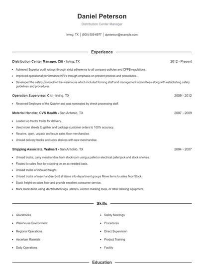 Distribution Center Manager Resume
